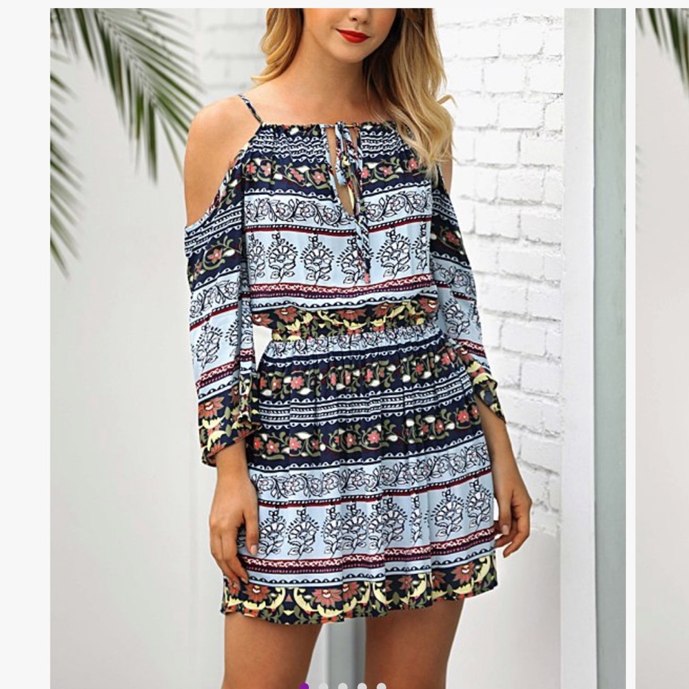 Blue Floral Stripe Open-Shoulder
Blouson Dress